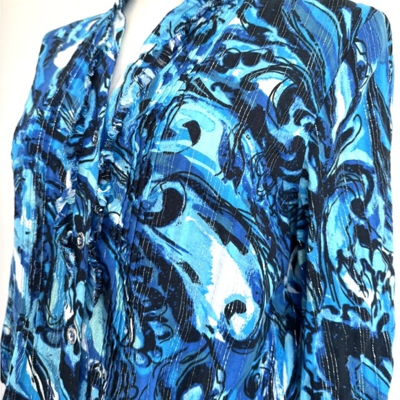 Emma James Top Blue‎ Swirl Print Top Pleated Ruffle Blouse Button Down Blouse - Picture 5 of 10